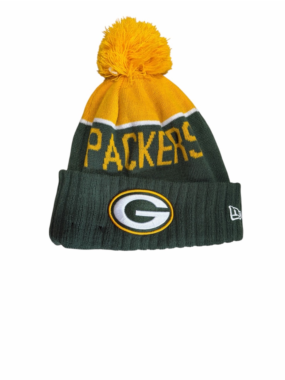 New Era Green Bay Packers NFL Pom Beanie Green Gold Cuffed Knit Hat OS